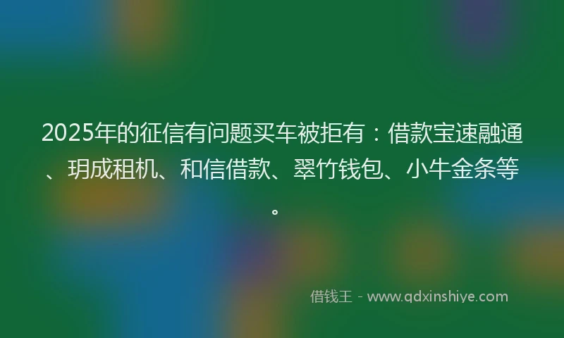 2025年的征信有问题买车被拒有：借款宝速融通、玥成租机、和信借款、翠竹钱包、小牛金条等。