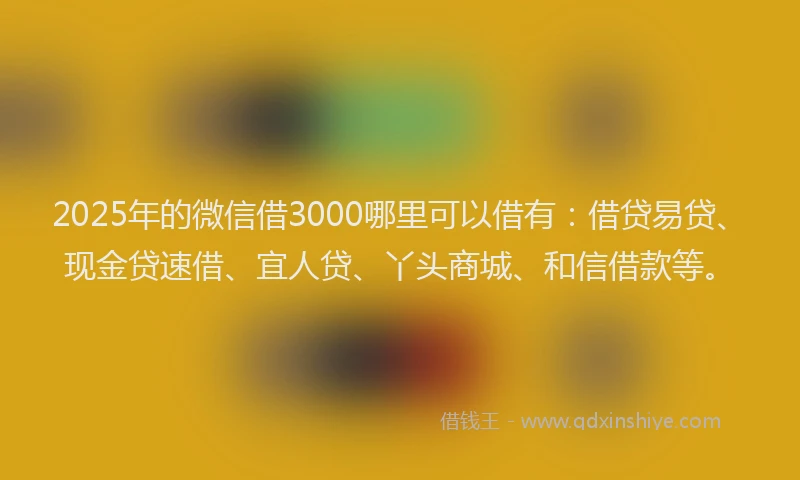 2025年的微信借3000哪里可以借有：借贷易贷、现金贷速借、宜人贷、丫头商城、和信借款等。