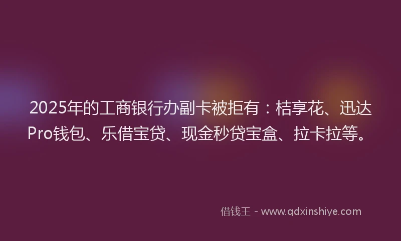 2025年的工商银行办副卡被拒有：桔享花、迅达Pro钱包、乐借宝贷、现金秒贷宝盒、拉卡拉等。