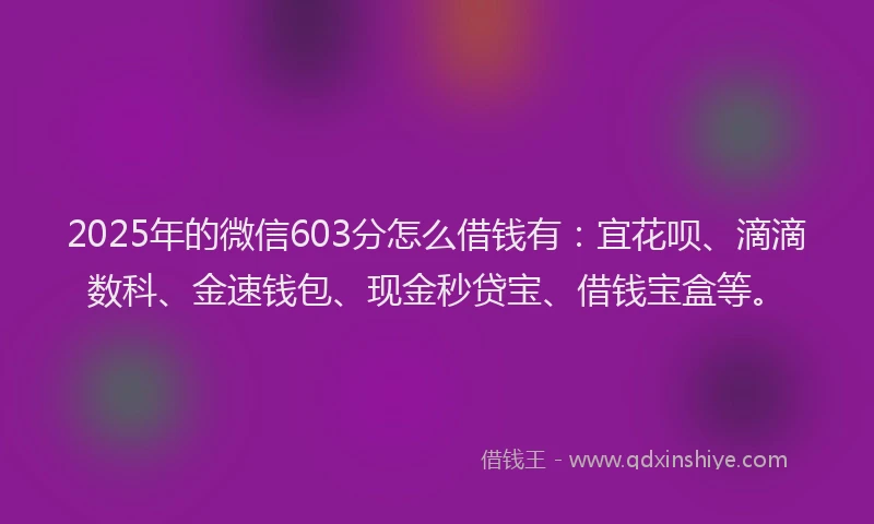 2025年的微信603分怎么借钱有：宜花呗、滴滴数科、金速钱包、现金秒贷宝、借钱宝盒等。