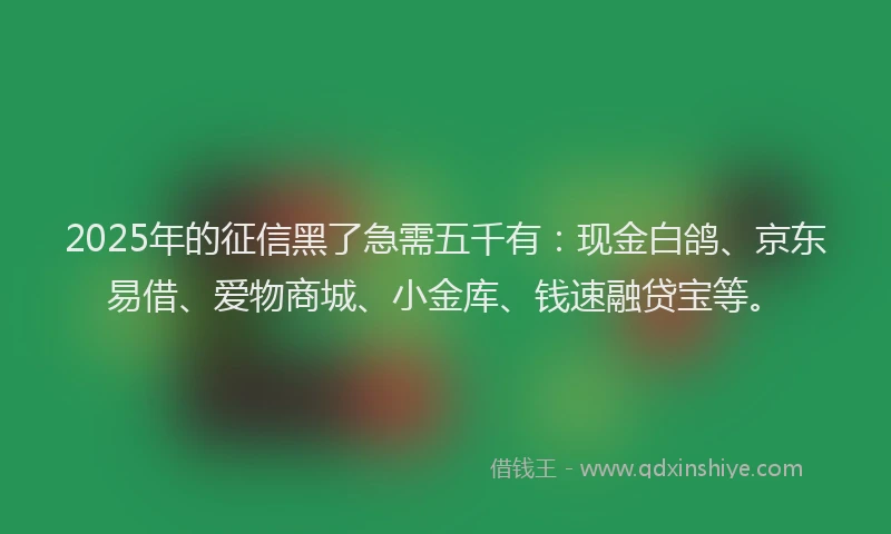 2025年的征信黑了急需五千有：现金白鸽、京东易借、爱物商城、小金库、钱速融贷宝等。