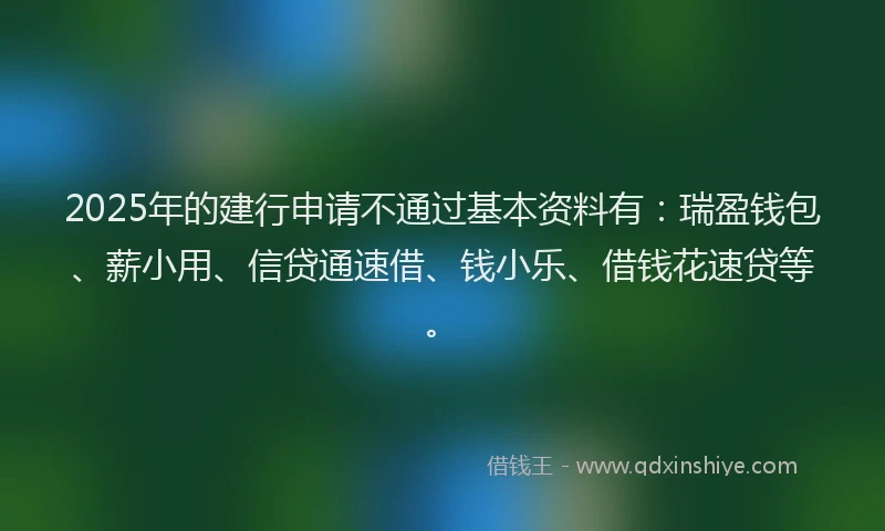 2025年的建行申请不通过基本资料有：瑞盈钱包、薪小用、信贷通速借、钱小乐、借钱花速贷等。