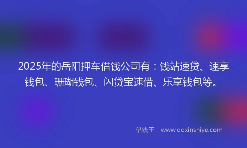 2025年的岳阳押车借钱公司有：钱站速贷、速享钱包、珊瑚钱包、闪贷宝速借、乐享钱包等。