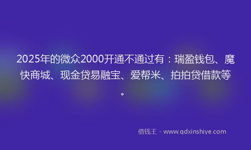2025年的微众2000开通不通过有：瑞盈钱包、魔快商城、现金贷易融宝、爱帮米、拍拍贷借款等。