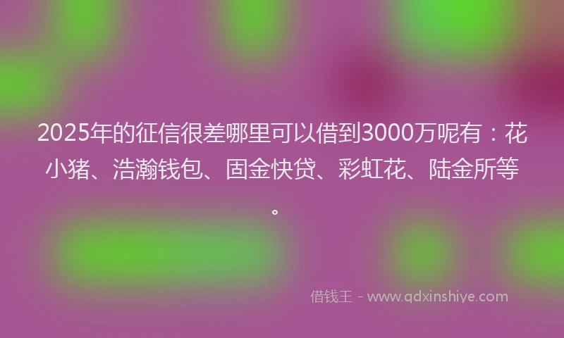 2025年的征信很差哪里可以借到3000万呢有：花小猪、浩瀚钱包、固金快贷、彩虹花、陆金所等。