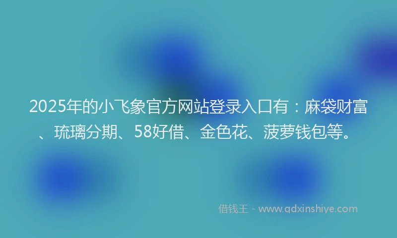 2025年的小飞象官方网站登录入口有：麻袋财富、琉璃分期、58好借、金色花、菠萝钱包等。