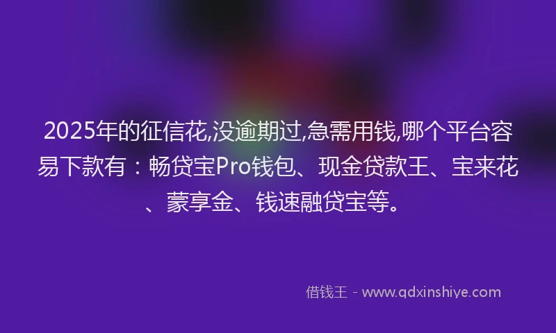 2025年的征信花,没逾期过,急需用钱,哪个平台容易下款有：畅贷宝Pro钱包、现金贷款王、宝来花、蒙享金、钱速融贷宝等。
