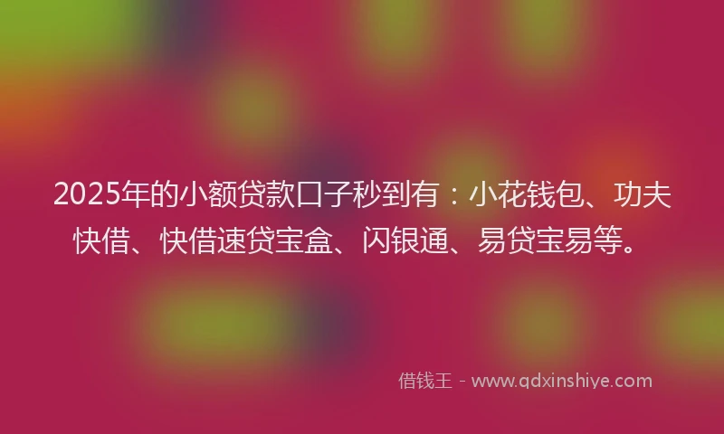 2025年的小额贷款口子秒到有：小花钱包、功夫快借、快借速贷宝盒、闪银通、易贷宝易等。