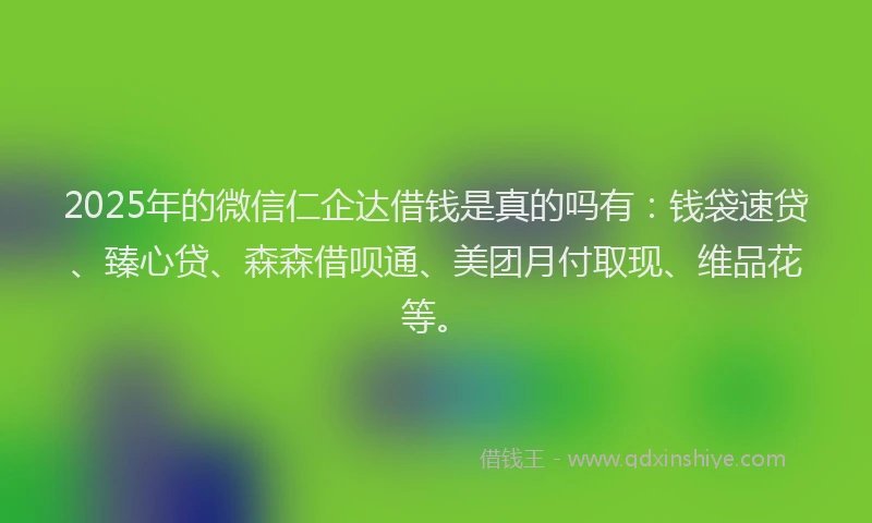 2025年的微信仁企达借钱是真的吗有：钱袋速贷、臻心贷、森森借呗通、美团月付取现、维品花等。