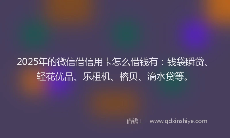 2025年的微信借信用卡怎么借钱有：钱袋瞬贷、轻花优品、乐租机、榕贝、滴水贷等。