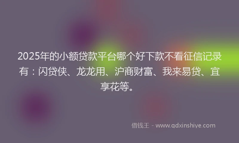 2025年的小额贷款平台哪个好下款不看征信记录有：闪贷侠、龙龙用、沪商财富、我来易贷、宜享花等。