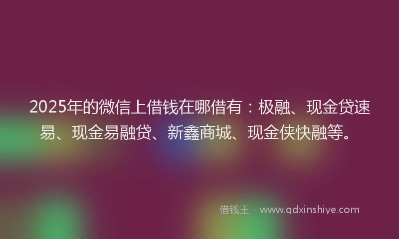 2025年的微信上借钱在哪借有：极融、现金贷速易、现金易融贷、新鑫商城、现金侠快融等。