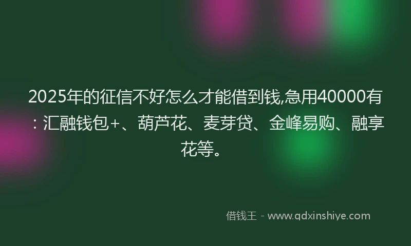 2025年的征信不好怎么才能借到钱,急用40000有：汇融钱包+、葫芦花、麦芽贷、金峰易购、融享花等。
