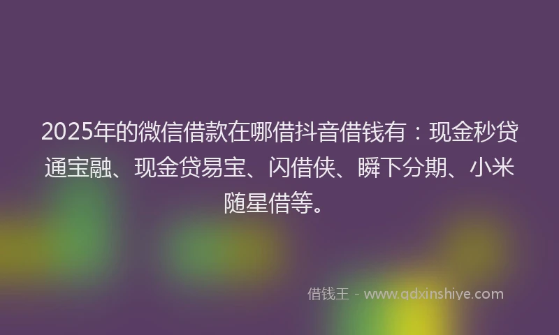 2025年的微信借款在哪借抖音借钱有：现金秒贷通宝融、现金贷易宝、闪借侠、瞬下分期、小米随星借等。
