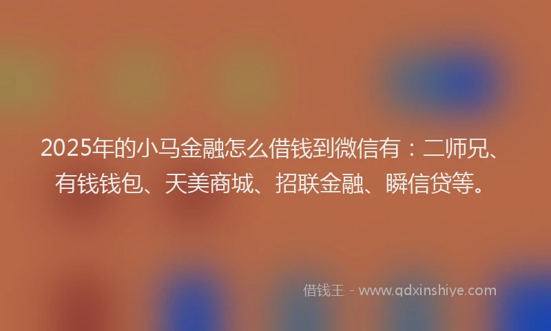 2025年的小马金融怎么借钱到微信有：二师兄、有钱钱包、天美商城、招联金融、瞬信贷等。