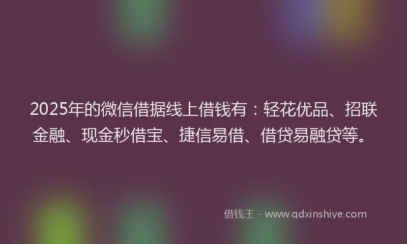 2025年的微信借据线上借钱有：轻花优品、招联金融、现金秒借宝、捷信易借、借贷易融贷等。