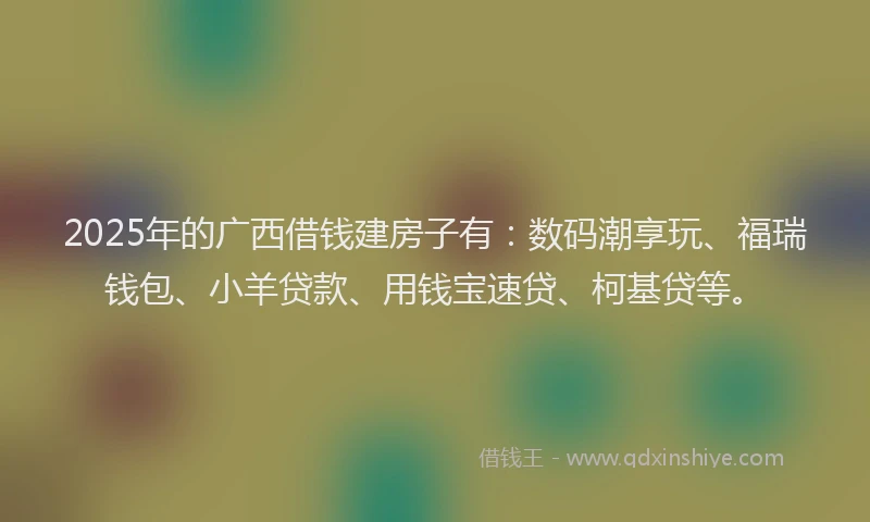 2025年的广西借钱建房子有：数码潮享玩、福瑞钱包、小羊贷款、用钱宝速贷、柯基贷等。
