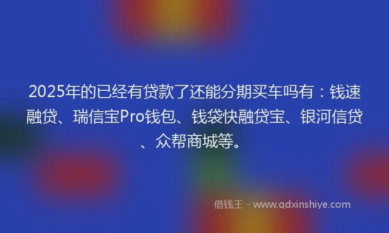 2025年的已经有贷款了还能分期买车吗有：钱速融贷、瑞信宝Pro钱包、钱袋快融贷宝、银河信贷、众帮商城等。