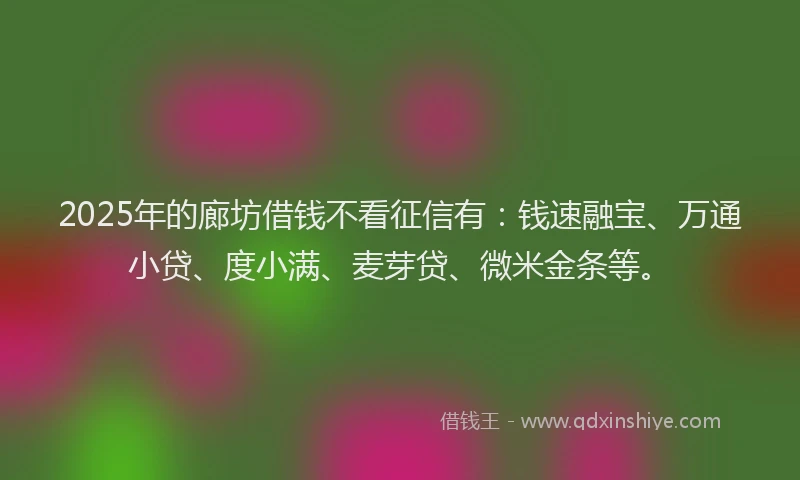 2025年的廊坊借钱不看征信有：钱速融宝、万通小贷、度小满、麦芽贷、微米金条等。