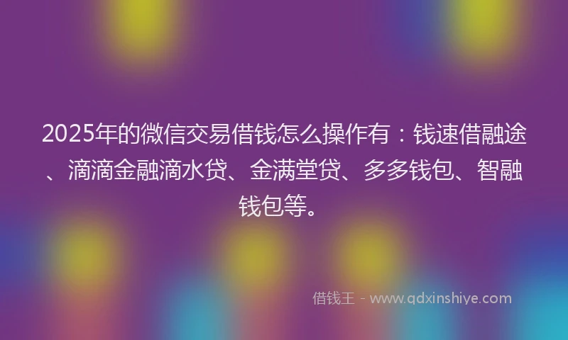 2025年的微信交易借钱怎么操作有：钱速借融途、滴滴金融滴水贷、金满堂贷、多多钱包、智融钱包等。