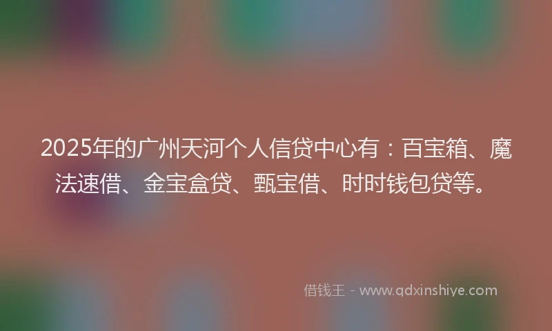 2025年的广州天河个人信贷中心有：百宝箱、魔法速借、金宝盒贷、甄宝借、时时钱包贷等。