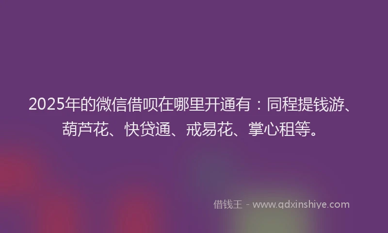 2025年的微信借呗在哪里开通有：同程提钱游、葫芦花、快贷通、戒易花、掌心租等。
