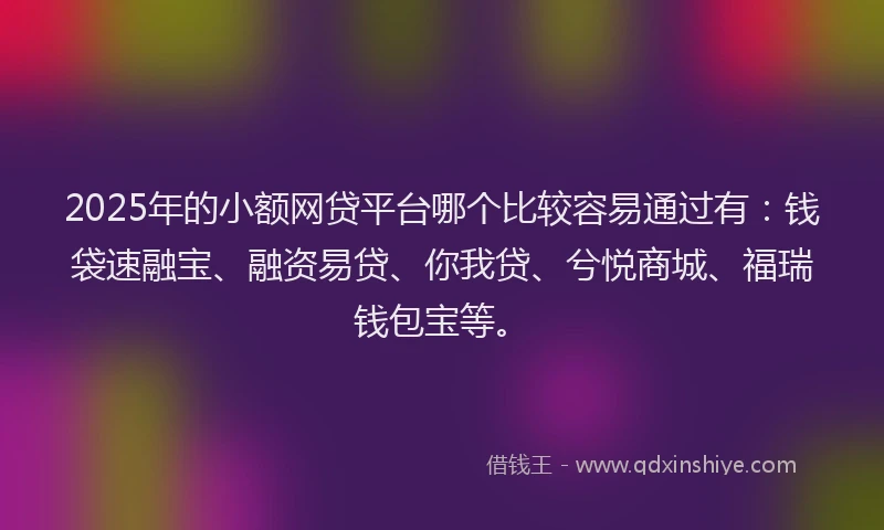 2025年的小额网贷平台哪个比较容易通过有：钱袋速融宝、融资易贷、你我贷、兮悦商城、福瑞钱包宝等。