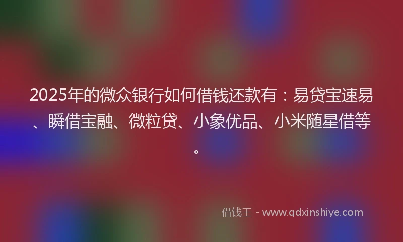 2025年的微众银行如何借钱还款有：易贷宝速易、瞬借宝融、微粒贷、小象优品、小米随星借等。