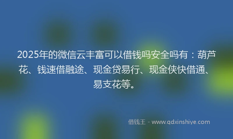2025年的微信云丰富可以借钱吗安全吗有：葫芦花、钱速借融途、现金贷易行、现金侠快借通、易支花等。