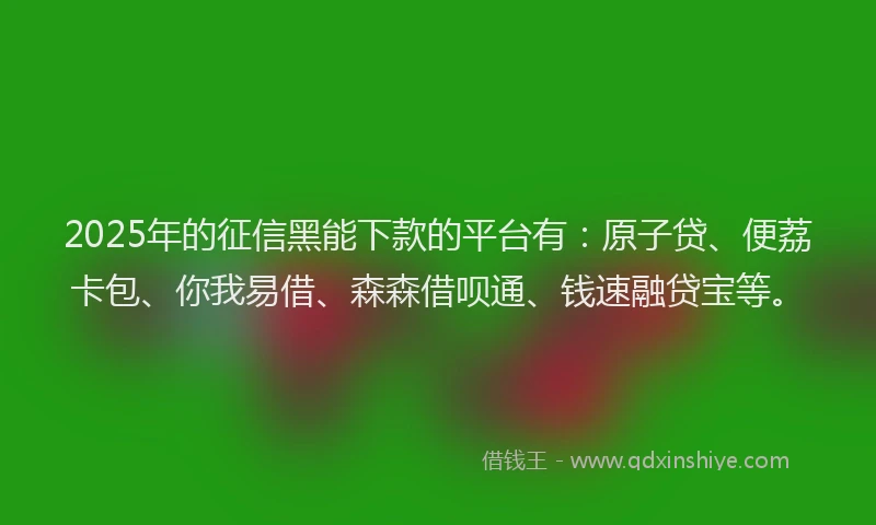 2025年的征信黑能下款的平台有：原子贷、便荔卡包、你我易借、森森借呗通、钱速融贷宝等。