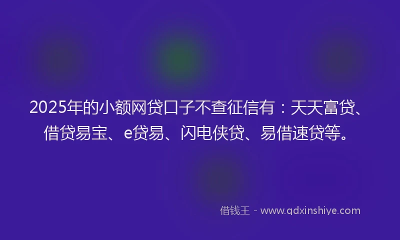 2025年的小额网贷口子不查征信有：天天富贷、借贷易宝、e贷易、闪电侠贷、易借速贷等。