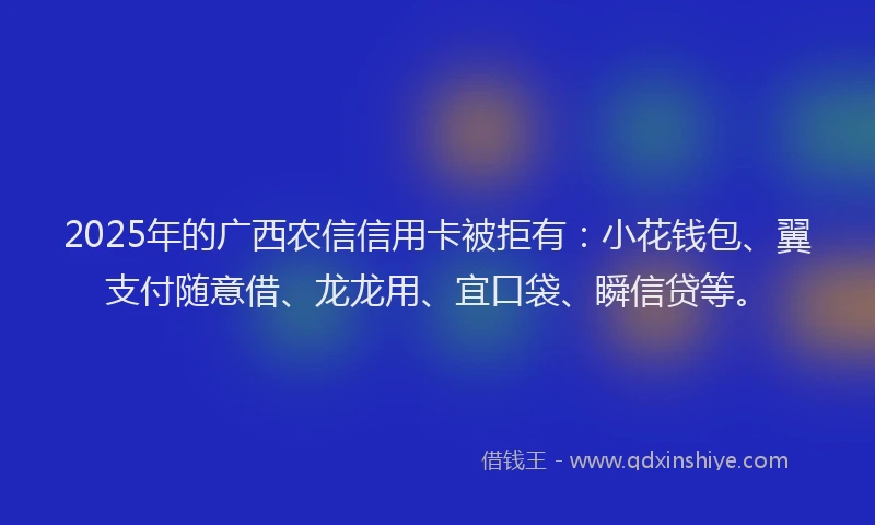 2025年的广西农信信用卡被拒有：小花钱包、翼支付随意借、龙龙用、宜口袋、瞬信贷等。