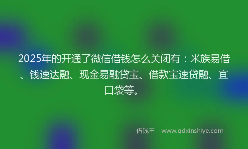 2025年的开通了微信借钱怎么关闭有：米族易借、钱速达融、现金易融贷宝、借款宝速贷融、宜口袋等。