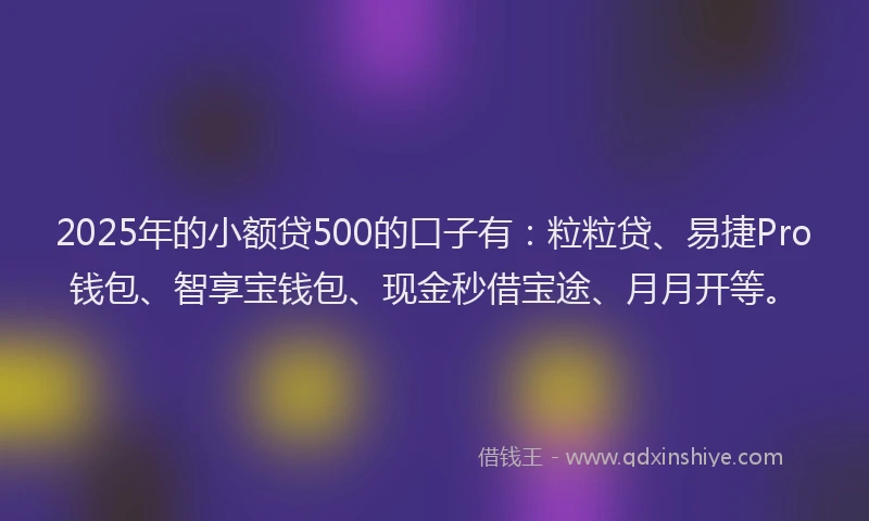 2025年的小额贷500的口子有：粒粒贷、易捷Pro钱包、智享宝钱包、现金秒借宝途、月月开等。