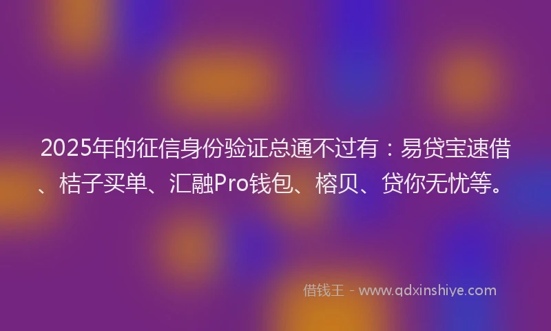 2025年的征信身份验证总通不过有：易贷宝速借、桔子买单、汇融Pro钱包、榕贝、贷你无忧等。