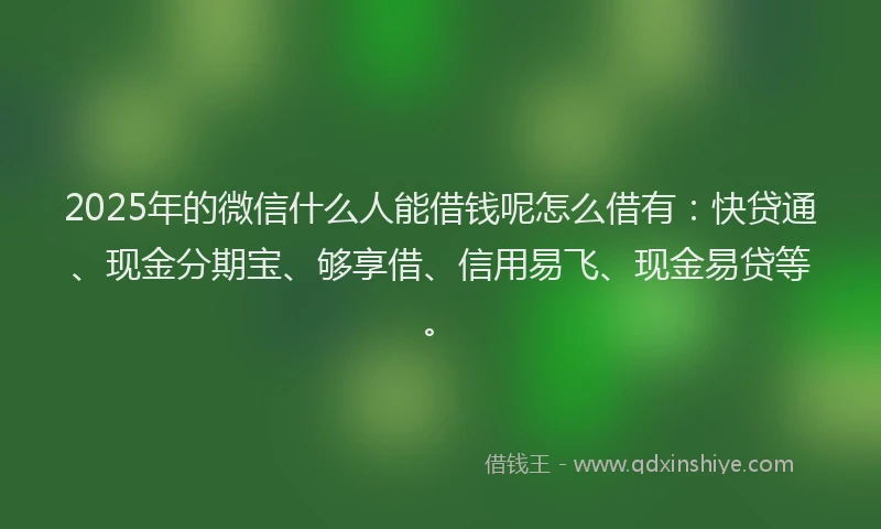 2025年的微信什么人能借钱呢怎么借有：快贷通、现金分期宝、够享借、信用易飞、现金易贷等。