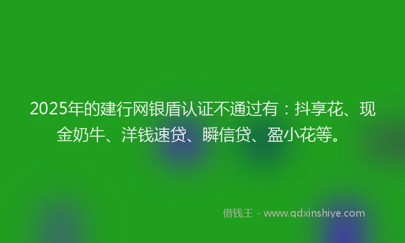2025年的建行网银盾认证不通过有：抖享花、现金奶牛、洋钱速贷、瞬信贷、盈小花等。