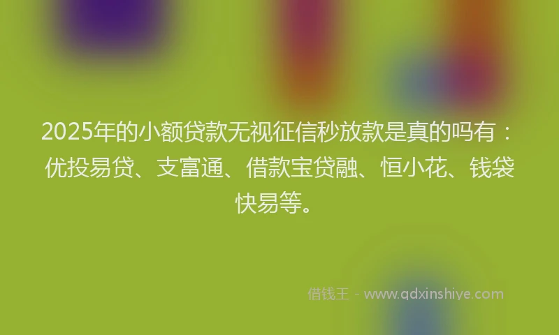 2025年的小额贷款无视征信秒放款是真的吗有：优投易贷、支富通、借款宝贷融、恒小花、钱袋快易等。