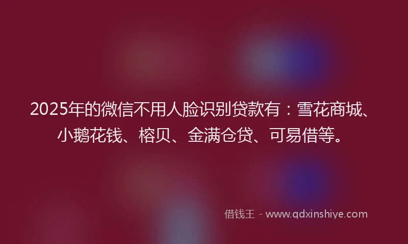 2025年的微信不用人脸识别贷款有：雪花商城、小鹅花钱、榕贝、金满仓贷、可易借等。