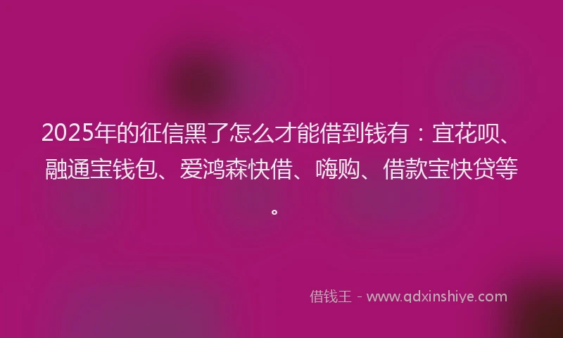 2025年的征信黑了怎么才能借到钱有：宜花呗、融通宝钱包、爱鸿森快借、嗨购、借款宝快贷等。