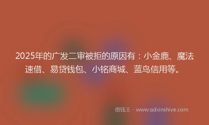 2025年的广发二审被拒的原因有：小金鹿、魔法速借、易贷钱包、小铭商城、蓝鸟信用等。