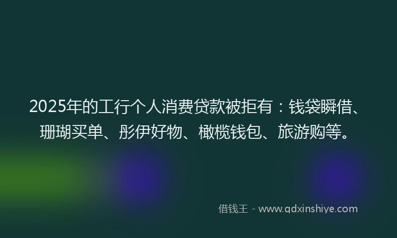 2025年的工行个人消费贷款被拒有：钱袋瞬借、珊瑚买单、彤伊好物、橄榄钱包、旅游购等。