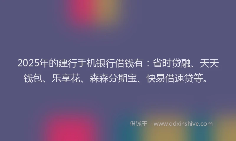 2025年的建行手机银行借钱有：省时贷融、天天钱包、乐享花、森森分期宝、快易借速贷等。