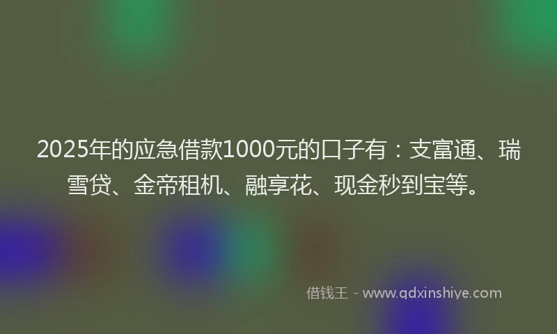 2025年的应急借款1000元的口子有：支富通、瑞雪贷、金帝租机、融享花、现金秒到宝等。