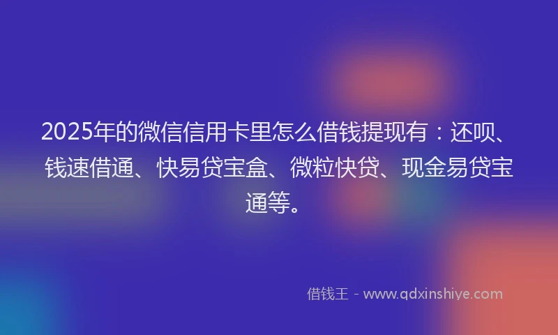 2025年的微信信用卡里怎么借钱提现有：还呗、钱速借通、快易贷宝盒、微粒快贷、现金易贷宝通等。