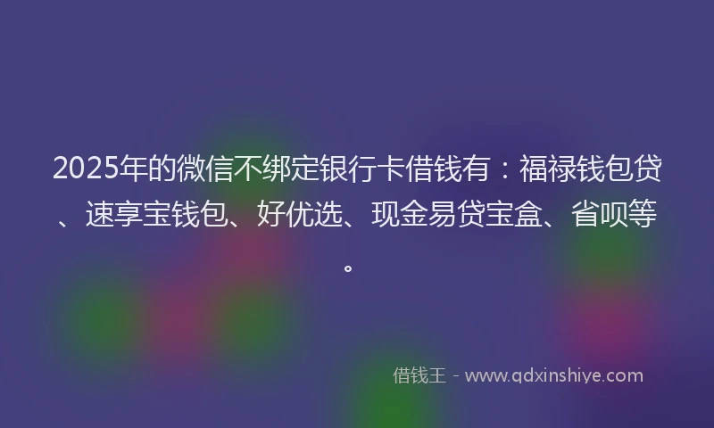 2025年的微信不绑定银行卡借钱有：福禄钱包贷、速享宝钱包、好优选、现金易贷宝盒、省呗等。