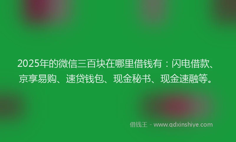 2025年的微信三百块在哪里借钱有：闪电借款、京享易购、速贷钱包、现金秘书、现金速融等。