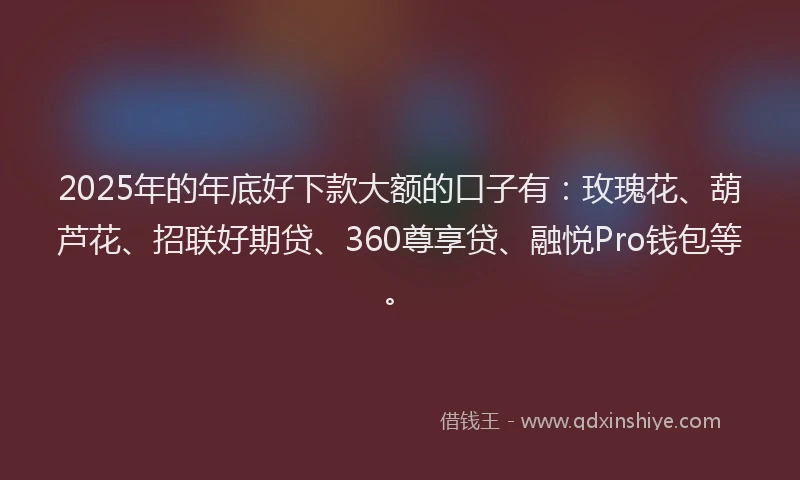 2025年的年底好下款大额的口子有：玫瑰花、葫芦花、招联好期贷、360尊享贷、融悦Pro钱包等。