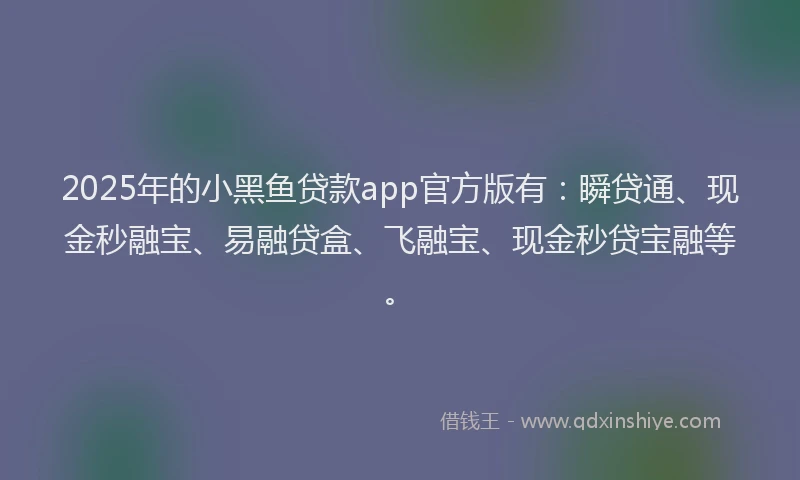 2025年的小黑鱼贷款app官方版有：瞬贷通、现金秒融宝、易融贷盒、飞融宝、现金秒贷宝融等。