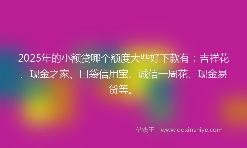 2025年的小额贷哪个额度大些好下款有：吉祥花、现金之家、口袋信用宝、诚信一周花、现金易贷等。